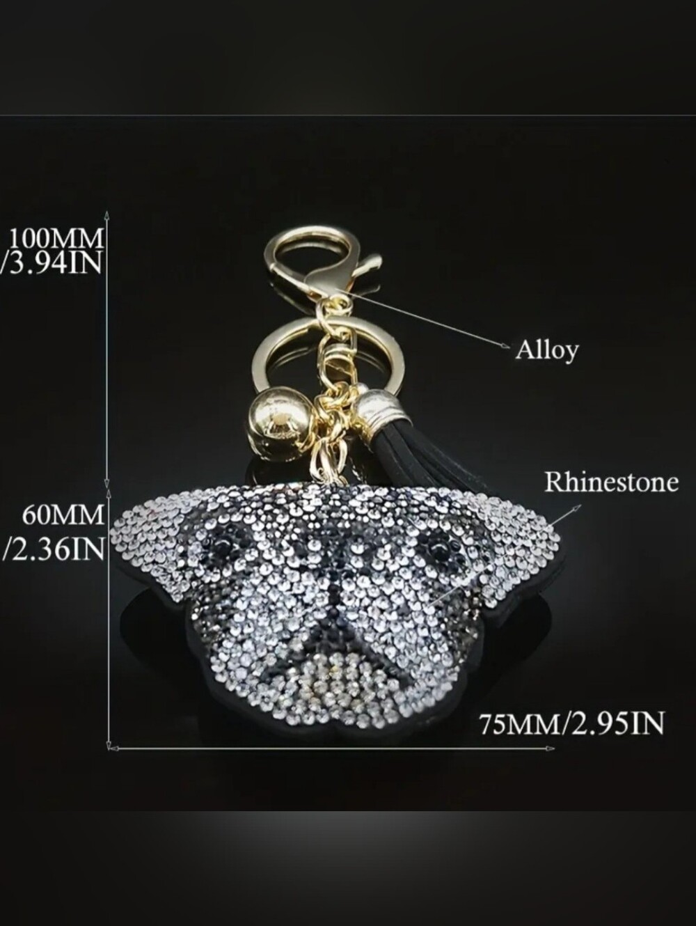 Bling Dog Crystal Rhinestone Keychain Bag Charm With Black Tassel, Pug - Picture 4 of 5